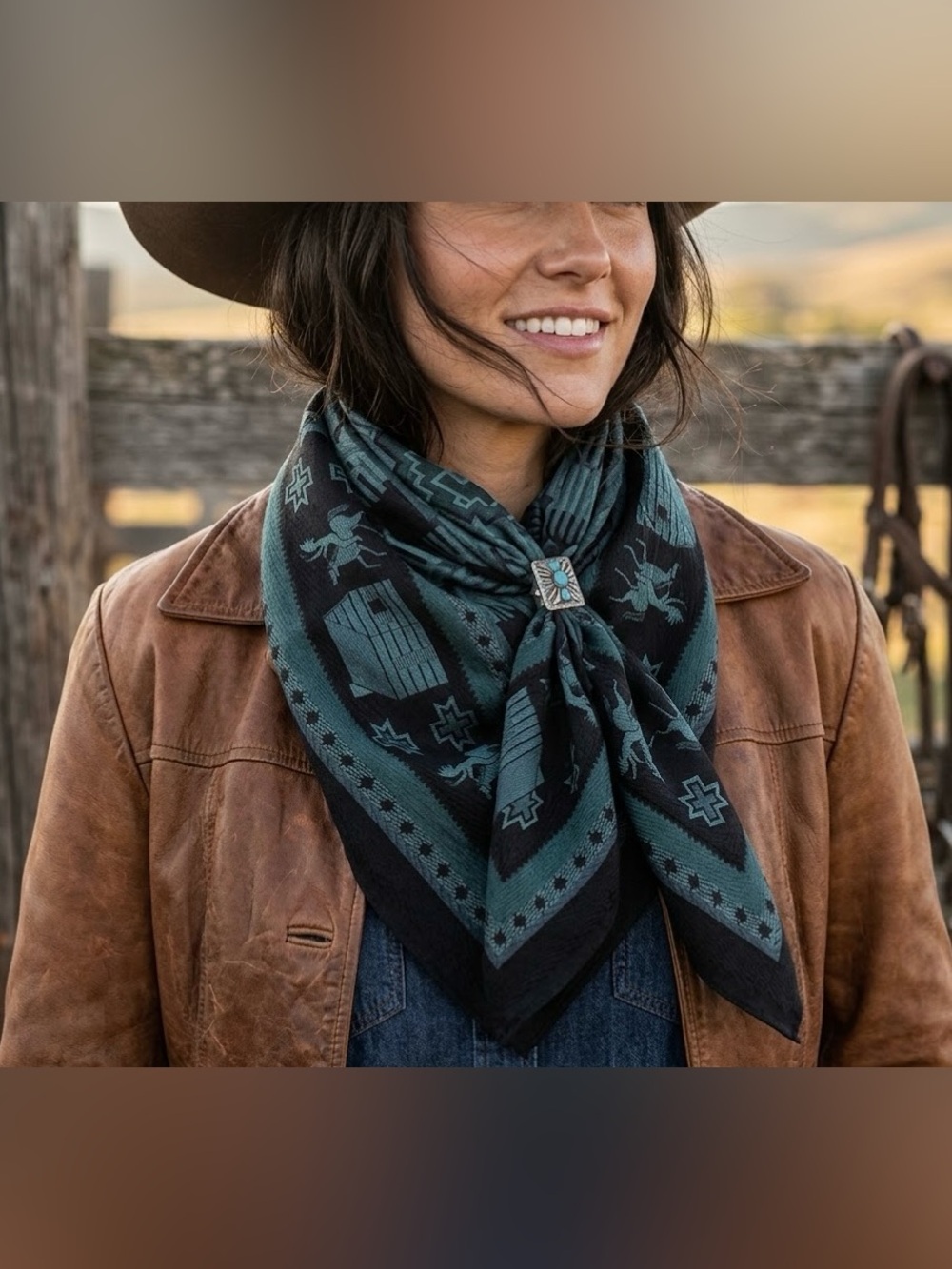 DOUBLE D RANCH || ‘Cabins & Horses’ Square Scarf #136 in Blue Geo Print